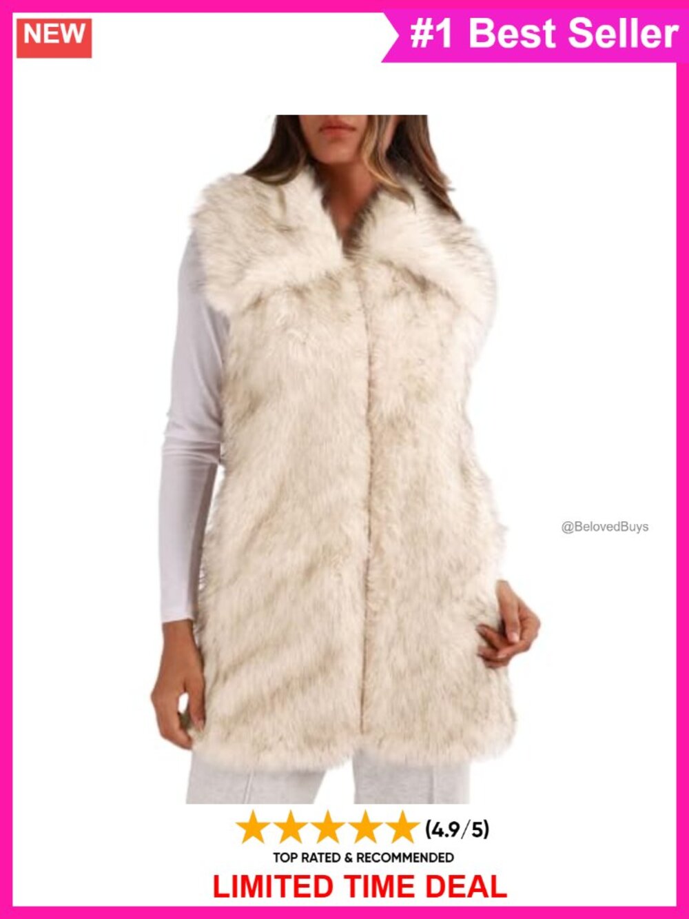 Faux Fur Long Vest Zip Fluffy Lapel Jacket Sleeveless